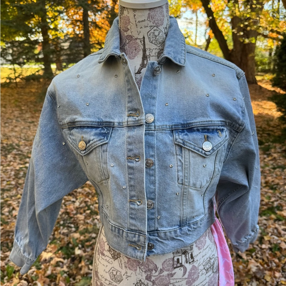 NWT Juicy Couture Light Blue Studded Jean Jacket with Pink Scarf Accent